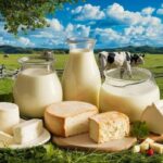 Una-bandeja-de-quesos-y-leche-con-una-vaca-en-el-fondo-_-Imagen-Premium-generada-con-IA